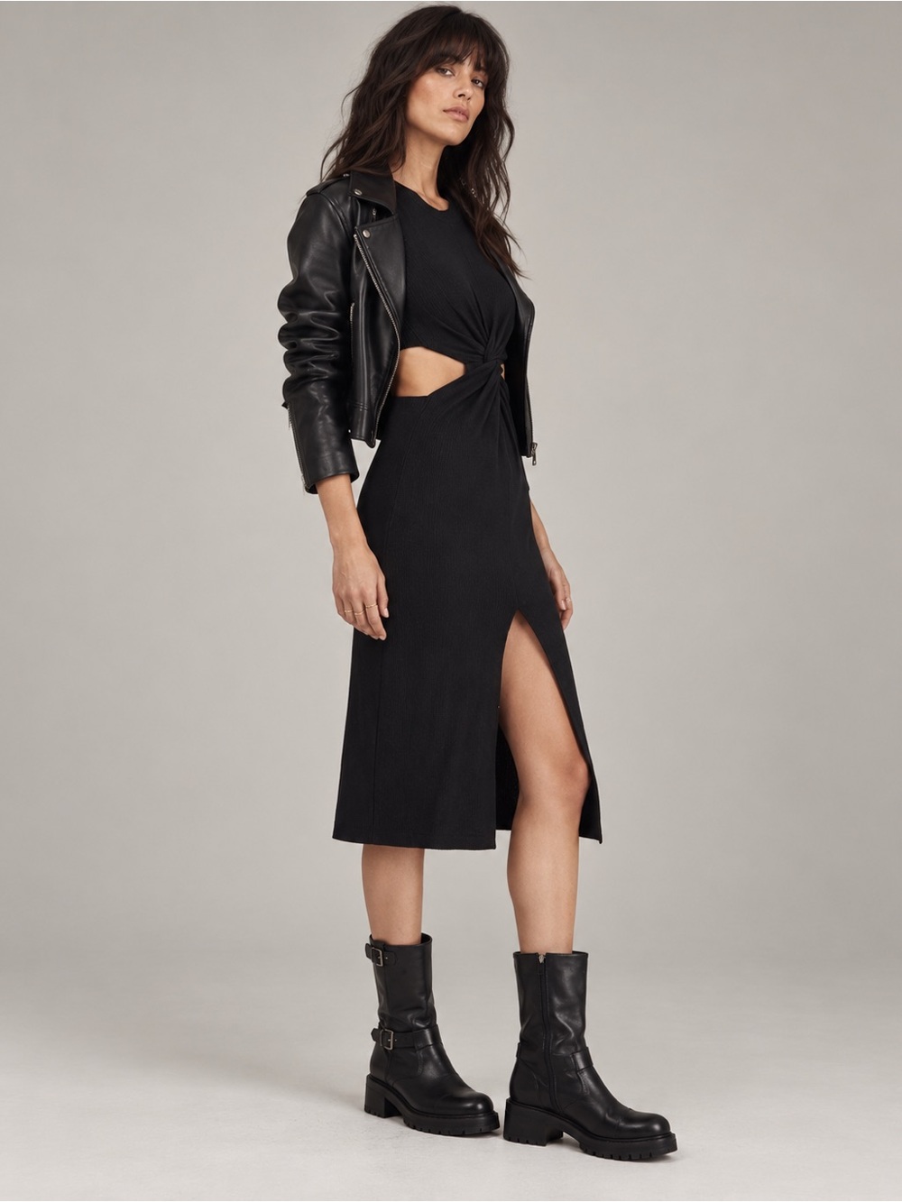Women's Black Ribbed Knit Midi Dress Twist Waist Cutout Front Slit XL